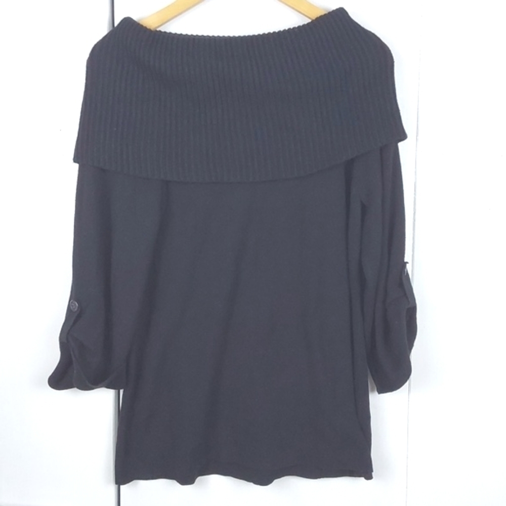 Kenneth Cole |Black Knit Off Shoulder Roll Tab  Neutral Wool Sweater Top  Sz.M